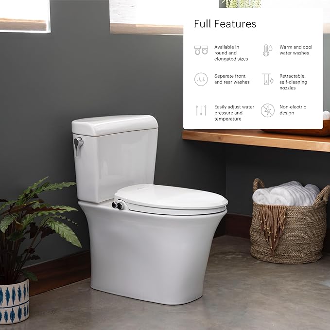 Brondell Swash Bidet Toilet Seat, Non-Electric, Dual Temperature, Fits Round Toilets, White – Dual Nozzle System – with Easy Installation