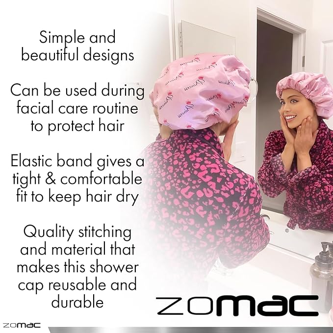 Satin Shower Cap for Women, Reusable and Waterproof Shower Cap for Long Hair, Luxury Print and Double Layer (Pink, Large)