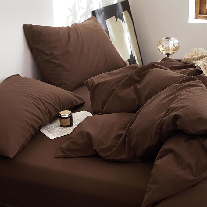 FOSSA Duvet Cover Set 100% Washed Cotton Linen Feel Super Soft Breathable Cozy 3 Pieces Bedding Sets Solid Cocoa Brown California King