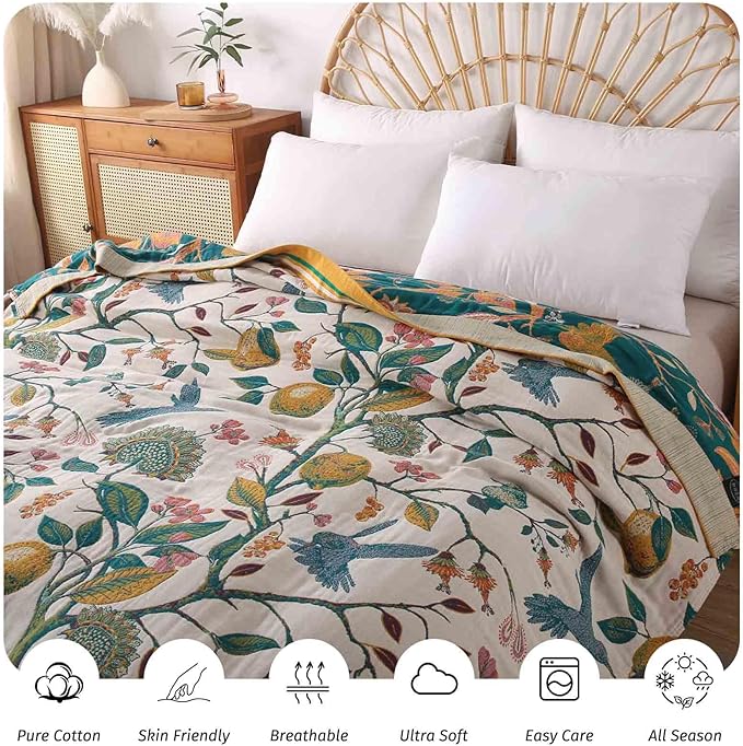 Qidordour Boho Throw Blanket, 80"x90" Muslin Blankets, 100% Organic Cotton Blanket for Couch Sofa, Lightweight Quilt, All Season Bed Throw, Farmhouse Home Decor, B-Hummingbird Fruit