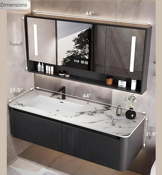 Bathroom Vanity Cabinet, 44" Bathroom Vanity with Sink & Intelligent Defog LED Mirror, Solid Wood Float Vanities, Wall-Mount Bathroom Cabinet with Drawer, Undermount Single Sink, Faucet, Drain(Black)