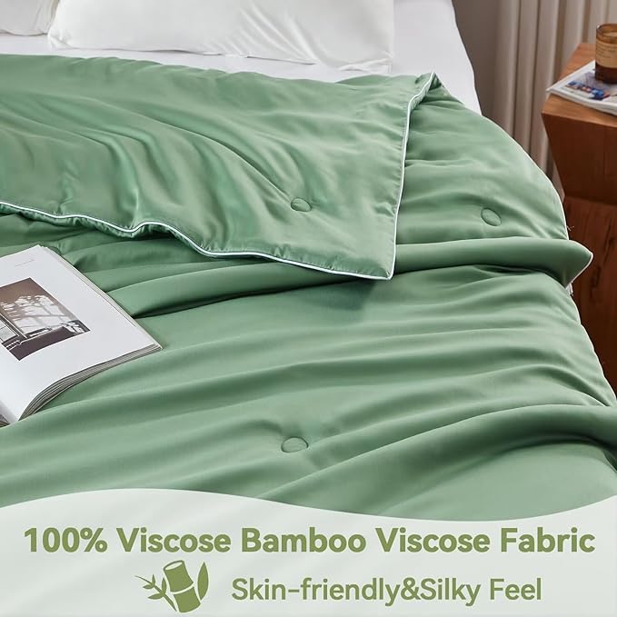 Globon Summer Comforter Queen Size,Luxurious Lightweight Blanket for Hot Sleepers,Natural Bamboo Viscose Shell,Organic Breathable Fill, Double Stitch, Sage Green