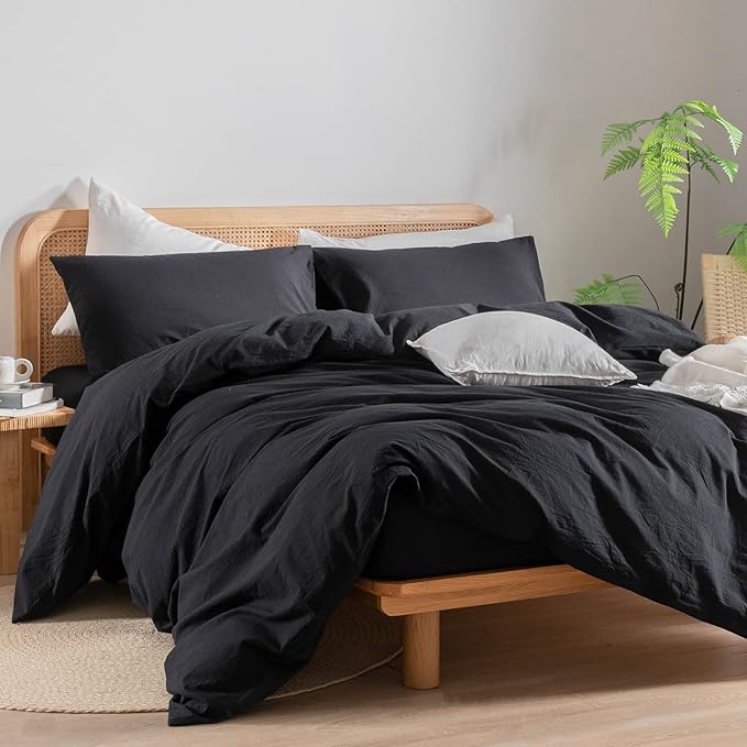 BESTOUCH Duvet Cover Set 100% Washed Cotton Linen Feel Super Soft Comfortable Chic Lightweight 3 PCs Home Bedding Set Solid Deep Black King