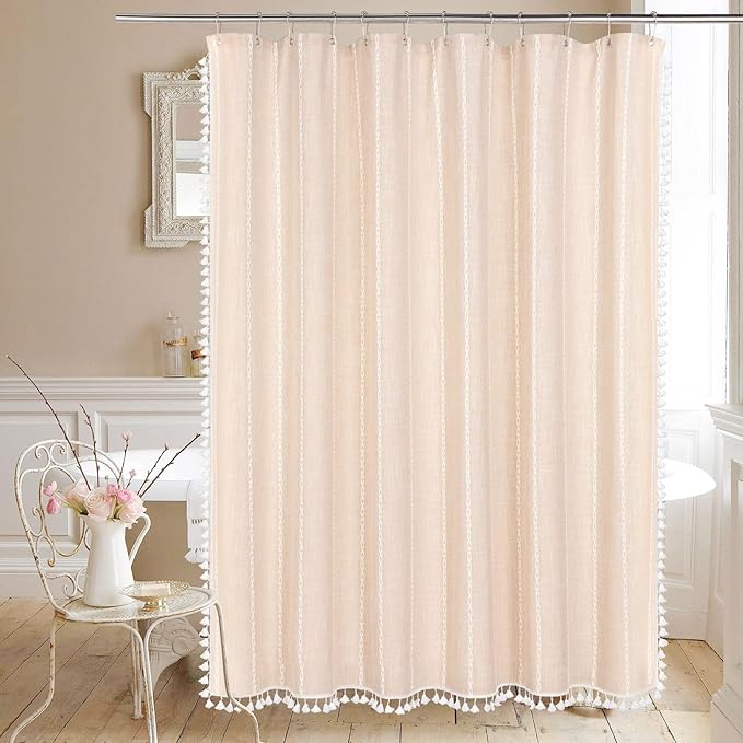 MitoVilla Boho Extra Long Shower Curtain 72 x 84, Beige 84 inch XL Polyester Linen Fabric Shower Curtain Set with Tassel for Vintage Country Farmhouse Bathroom Decor, Thick & Wrinkle Resistant, Cream