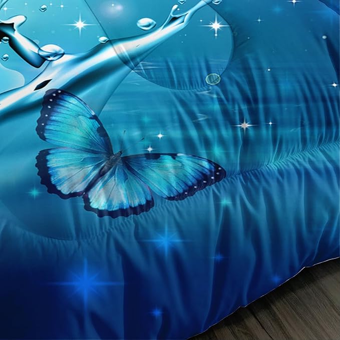 Fantasy Blue Butterfly Comforter Set Twin Size,Butterflies on Water Flash Bedding Sets 3 Pieces,Blue Series Aesthetic Bedding for Kids Girls Boys Room Decor with 2 Pillowcases.