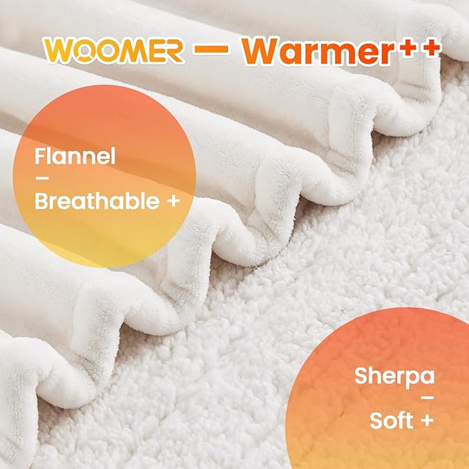 WOOMER Electric Blanket Full Size,Durable Flannel and Soft Sherpa,Dual Control,77”×84” Heated Throw Blanket, 10 Heat Levels&0.5-12h auto-Off,Energy Efficient,ETL Certified