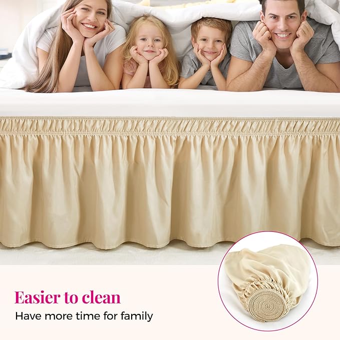 RIMELA Oatmeal Bed Skirting Queen Size Bed Skirt 15 Inch Drop, Wrap Around Elastic Adjustable Bedskirt, Dust Ruffle for Bed Frame & Box Spring Soft Durable Fabric Machine Washable Easy to Install