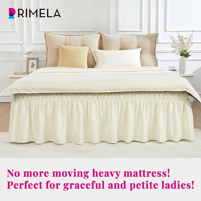 RIMELA Off White Bed Skirt King Size 18 Inch Drop, Elastic Bed Skirting for Bed Base and Frame, Bedding Dust Ruffle Easy to Install, Lightweight Wrap Around Adjustable Bedskirt
