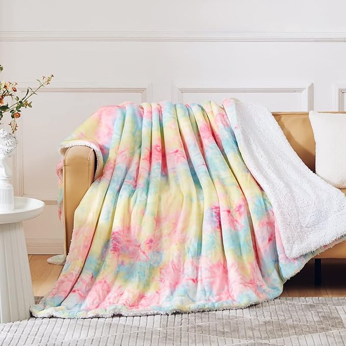 KAWAHOME Sherpa Fleece Twin Size Blanket for Bed - Extra Warm and Heavy Thick Blankets for Winter, Super Soft 500GSM Plush Blanket, 66"X 90" Rainbow