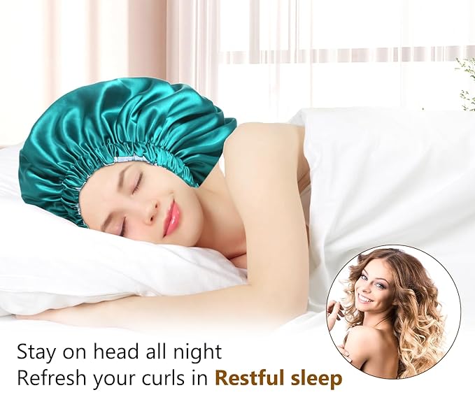mikimini Satin Bonnet for Sleeping,Pack of 2,Green+Light Blue,Silk Bonnet for Women Long Curly Hair,Reversible Double-Layer Sleeping Hair Bonnet Extra Large Stretchy Sleep Hair Caps