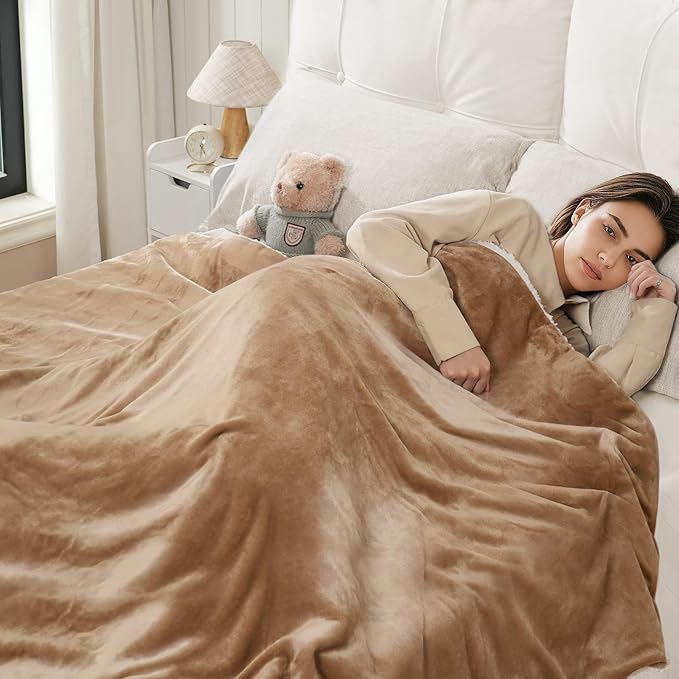 Electric Heated Blanket Throw 50"x60" - Soft Cozy Flannel & Sherpa Fabric Dual-Sided, 9 Heat Settings & 2-10 Hours Auto Off, Warming Heated Throw for Home Office, Machine Washable, Brown