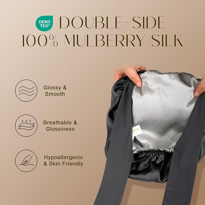 ZIMASILK 100% Mulberry Silk Bonnet for Sleeping Women Long Hair Double Layer Silk Hair Wrap with Tie Band Stay On Head (1Pc, Dark Grey)