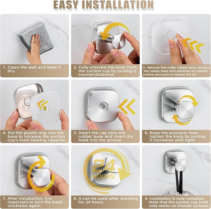 No-Drill Reusable Suction Cup Hooks, 2-Pack Brushed Nickel – Towel, Robe, Loofah, Coat Hook for Glass, Mirror, Tile, Shower, Bathroom, Kitchen & Metal (Smooth, Non-Porous Surfaces)