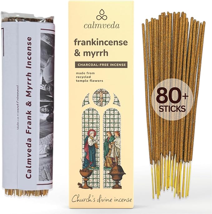 Church Frankincense and Myrrh Incense - 80 Sticks, Charcoal Free, Handmade from Upcycled Flowers, Spiritual Healing Incense