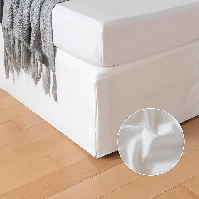 King Bed Skirt, Grid Plaid Soft Quadruple Pleated Ruffle Bed Skirt, Tailored Dust Ruffle 14 Inch Drop Easy Fit, Machine Washable (White)