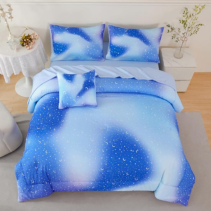 URBONUR 6Pcs Gradient Glitter Comforter Set for Girls Queen Size Blue Galaxy Kids Bedding Set for Boys Comforter Sets Soft Bed in A Bag Queen (Ombre Blue)