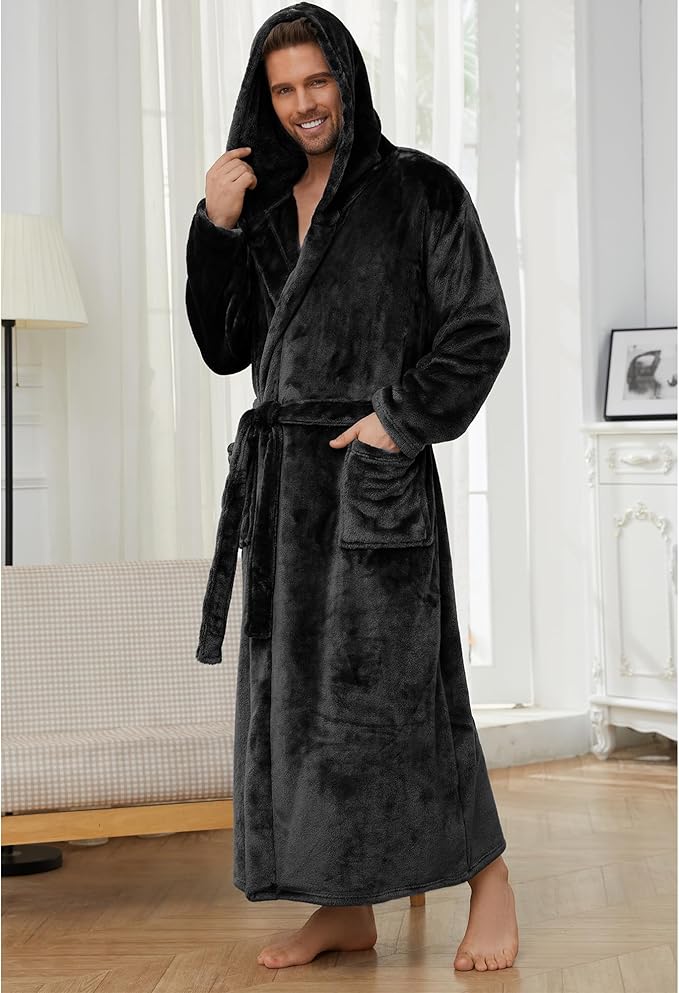 U2SKIIN Mens Robe with Hooded, Full Length Thickened Plush Robe Big and Tall Bathrobe