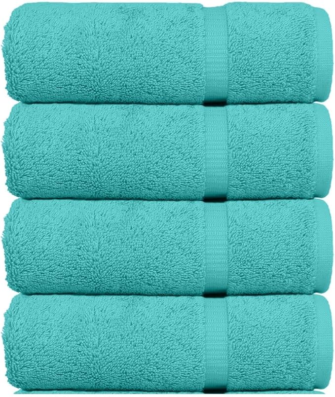 Luxury Hotel & Spa Ultra Soft Hand Towels 100% Turkish Cotton - Aqua Blue - Set of 4