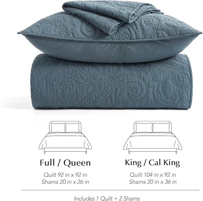 EVERGRACE 100% Cotton Paisley Quilt Set, King Size 3 Piece Set – Prewashed Lightweight Bedspread with 2 Shams, Soft & Breathable Matelasse Coverlet for All-Season Comfort, Stormy Blue