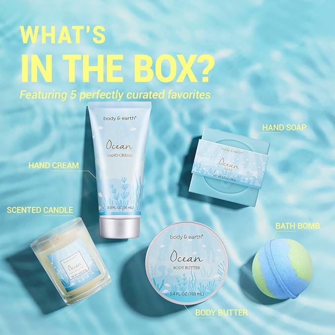 Gifts for Women, Bath and Body Womens Gift Sets with 5 Pcs Ocean Scented Spa Gifts for Women Bath Gift with Scented Candle Body Butter Hand Cream Bath Bomb Christmas Gifts