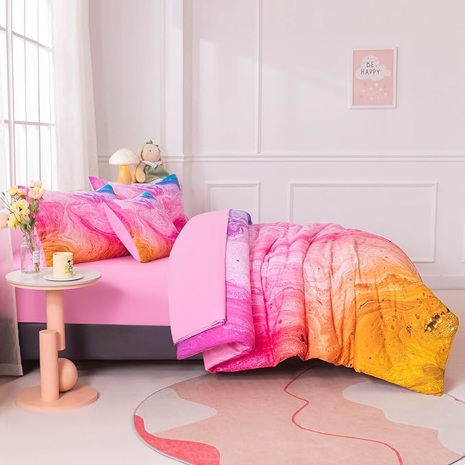 6Pcs Tie Dye Twin Comforter Set for Girls Kids, Watercolor Marble Abstract Art Pink Bedding Sets Twin Bed in A Bag (1 Comforter, 1 Flat Sheet, 1 Fitted Sheet, 1 Cushion Cover, 2 Pillowcases)