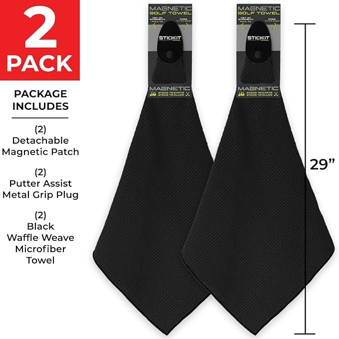 STICKIT Magnetic Towel, Black | 2-Pack | Top-Tier Microfiber Golf Towel with Deep Waffle Pockets | Industrial Strength Magnet for Strong Hold to Golf Carts or Clubs
