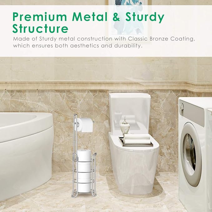TomCare Toilet Paper Holder Toilet Paper Stand Free-Standing Toilet Tissue Paper Roll Bathroom Storage Shelf and Dispenser for 3 Spare Rolls Metal Wire Bathroom Accessories Storage Organizer