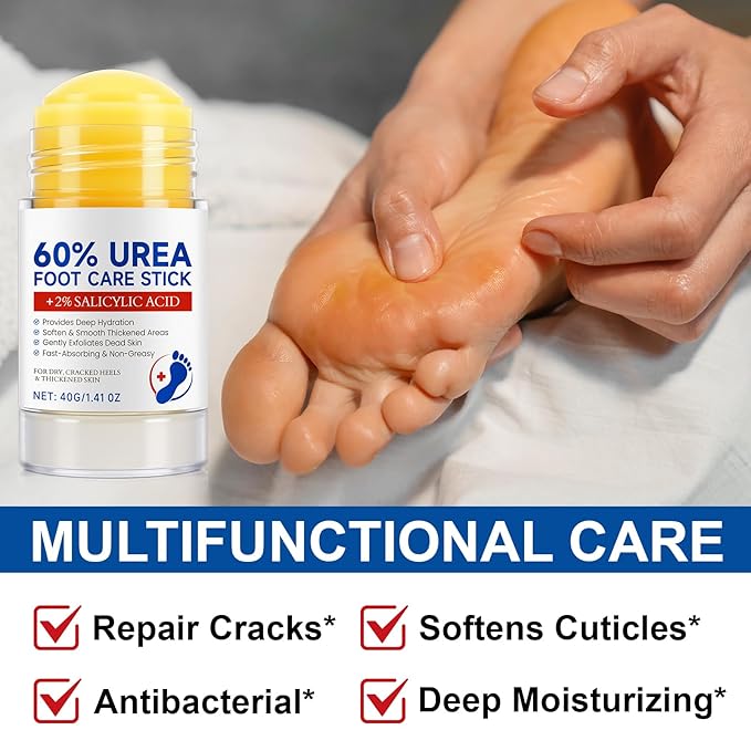 Urea Cream Stick 60% plus Salicylic Acid 2%, Maximum Strength Urea Foot Cream for Dry Cracked Feet, Knees, Hands, Exfoliating Dead Skin, Repairs and Hydrates Feet, Foot Care Cream Moisturizer 2 PCS