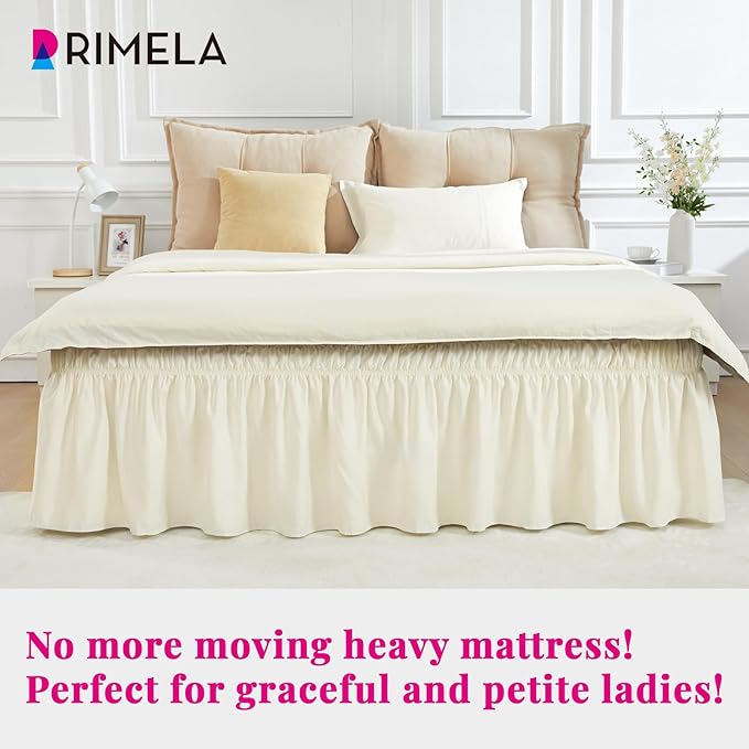 RIMELA Off White Bed Skirt Queen Size 18 Inch Drop, Elastic Bed Skirting for Bed Base and Frame, Bedding Dust Ruffle Easy to Install, Lightweight Wrap Around Adjustable Bedskirt