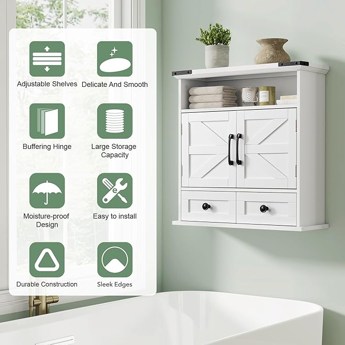 Bathroom Wall Cabinet, 23x25 Inch Farmhouse Medicine Cabinet Over Toilet with Drawer 2 Doors, Motion Lighting & Adjustable Shelves, White Above Toilet Storage for Laundry, Kitchen