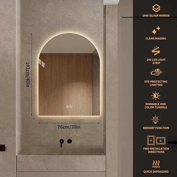 Arched Shaped LED Bathroom Mirror with dimming Lighting, 24V, 3 Color temperatures, defogger, 5MM Silver Glass (40" L x 30" W)