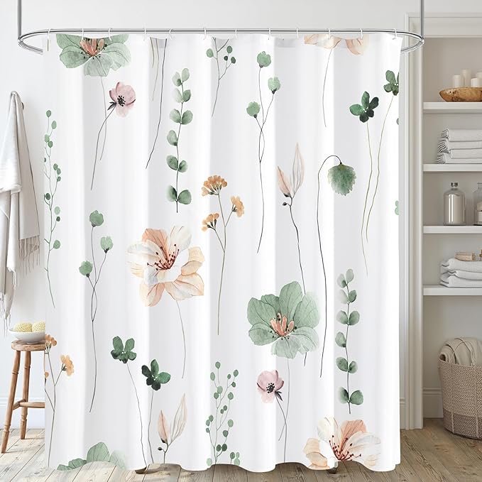 Gibelle Long Shower Curtain 72 x 78, Watercolor Floral Fabric Shower Curtain, Sage Green Beige Flower Decorative Bathroom Shower Curtain Set with Hooks