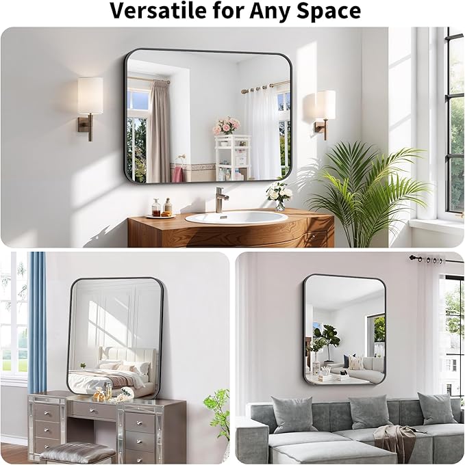 Koonmi Black Framed Bathroom Mirror - 30x40 Inch Shatterproof Tempered Glass Vanity Mirror for Bathroom Sink, Wall Mounted with Matte Aluminum Alloy Frame, No Distortion, Modern Decor