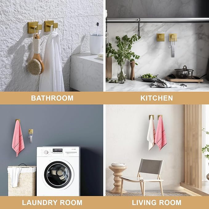 TASTOS Bath Towel Hooks Brushed Gold, 2 Pack Stainless Steel Robe Coat and Clothes Hook, Heavy Duty Wall Hook for Bathroom & Kitchen, Modern Square Style Wall Mounted…