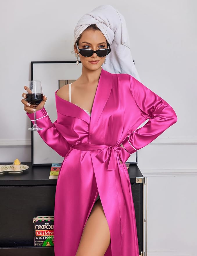 Ekouaer Silk Robes for Women Shawl Collar Satin Bathrobe Long Bride Wedding Party Robe Lightweight Sexy Sleepwear S-XXL