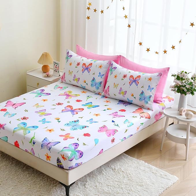 Wajade 7 Piece Butterfly Comforter Set for Girls Kids Cute Colorful Butterfly Flowers Floral Bedding Set Queen Size with Sheet and 2 Pillowcases 2 Pillow Shams Bed in a Bag as Birthday Choice