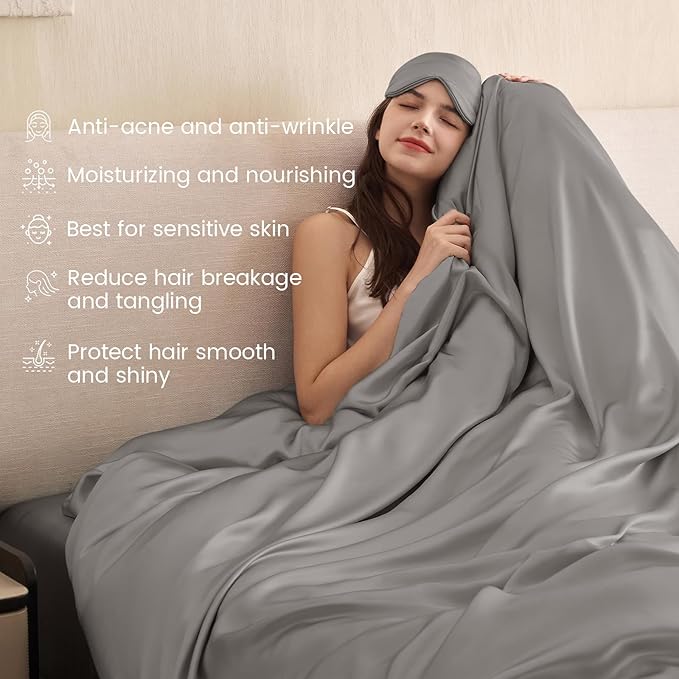 THXSILK 100% Pure Mulberry Silk Duvet Cover Set 3 Piece, 6A+ Grade Luxury Soft Bedding Silk Sheets for Hair and Skin, 1 Pcs Duvet/Quilt/Comforter Cover with 2 Zippered Pillowcases (Grey, Queen)