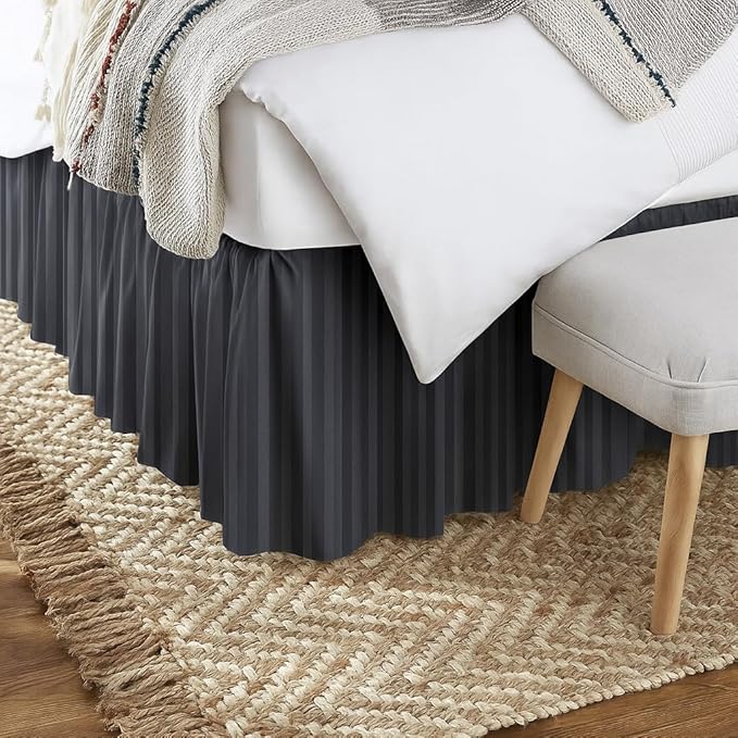 KRISHNA Ruffled Bed Skirt with Split Corners Queen, 100% Microfiber Hotel Quality, 15 Inch Drop Dust Ruffle Gathered Bedskirt with Platform, 60" x 80", Dark Grey Stripe