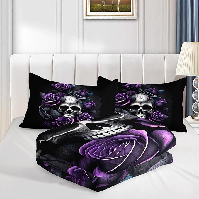 Death Skull Heads Queen Size Comforter Sets,Horror Themed Gothic Bedding for Kids Teens Boys Room Decor,Mysterious Floral Spider Western Comforter Sets with 2 Pillowcases.