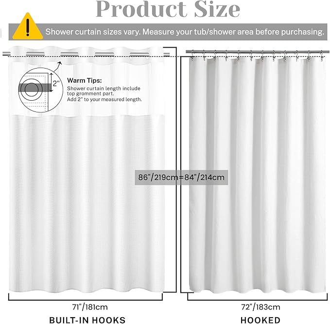 No Hook Shower Curtain with Snap in Liner Set Waffle Shower Curtain for Bathroom Hotel Style Fabric Waterproof Inner Liner，71" W x 86" H, White