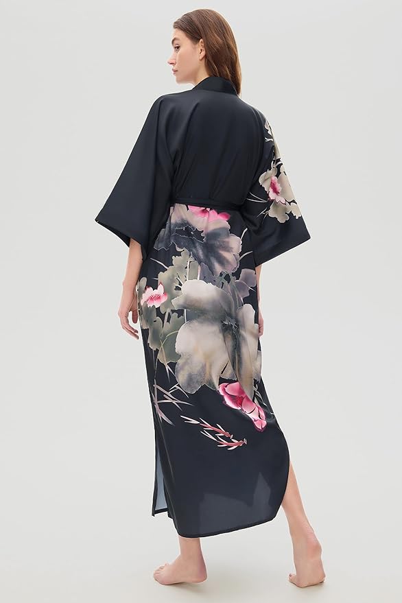PRODESIGN Kimono Robe for Women - Long Satin Sleepwear Silky Kimono Cover-Up Nightgown Japanese Bathrobe Loungewear Blouse