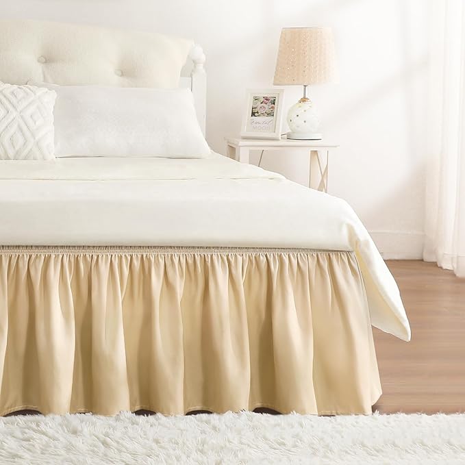 RIMELA Beige Bed Skirt Queen Size 15 Inch Drop, Wrap Around Elastic Bedskirt, Dust Ruffle for Adjustable Bed Base Machine Washable Easy to Install Bed Skirts