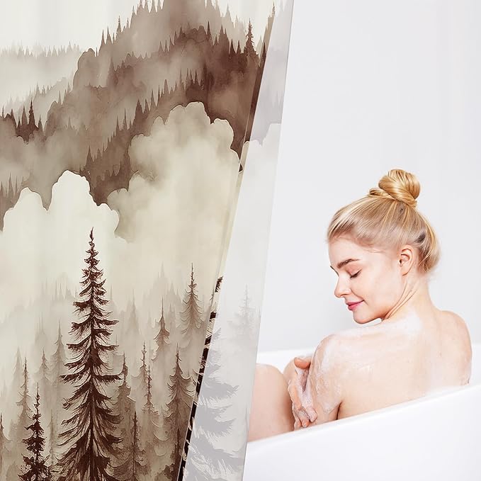 Brown Long Misty Pine Forest Shower Curtain 72 x 78, Tan Mountain Foggy Woodland Scenery Tree 78 Inch Long Shower Curtains for Bathroom, Abstract Waterproof Nature-Themed Decor