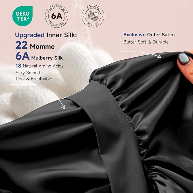 Umisleep 22 Momme Mulberry Silk Bonnet for Sleeping Women, Untangled Hair Care Bonnet, Extra Long for Curls & Braids - Lays Flat for Styling, Double Layer Hair Wrap with Soft Adjustable Tie, Black
