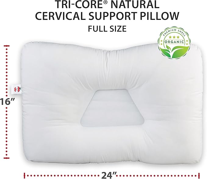 Core Products Tri-Core Natural Cervical Support Pillow for Neck Pain Organic Cotton Shell, Great Gift for Back and Side Sleepers, Full Size, Gentle/Medium Firmness