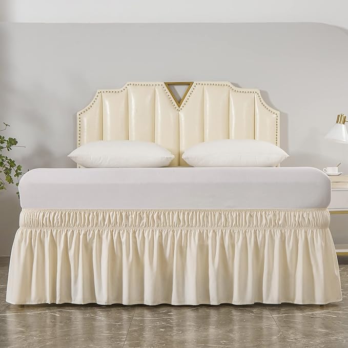 MEILA Wrap Around Bed Skirt Three Fabric Sides Elastic Dust Ruffled 24 Inch Tailored Drop,Easy to Install Fade Resistant-Beige, Queen/King