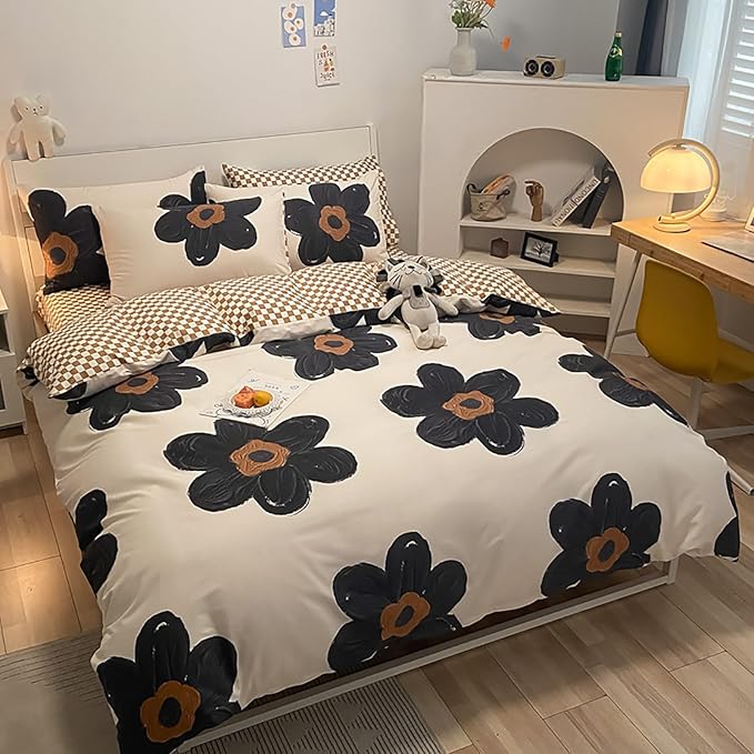 Cottonight Black and White Floral Comforter Twin Big Flower Chic Bedding Boho Modern Elegant Breathable Quilts Blankets Lightweight Comforter Set with 2 Pillowcases