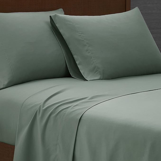 London Fog Garment Washed Solid Sheet Set Green Microfiber 4-Piece Queen Sheet Set, Solid Themed, Deep Pocket, Adult and Teen, Oeko-TEX Certified