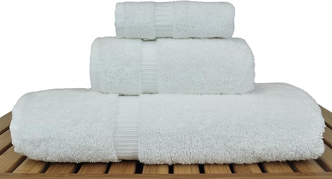 Luxury Hotel & Spa Quality Collection, Quick Dry 100% Turkish Cotton, 750+ GSM, Eco Friendly Towel Set, Bathroom and Kitchen Dobby Border Towels, Bath Towel, Hand Towel, Washcloths (3 Piece, White)