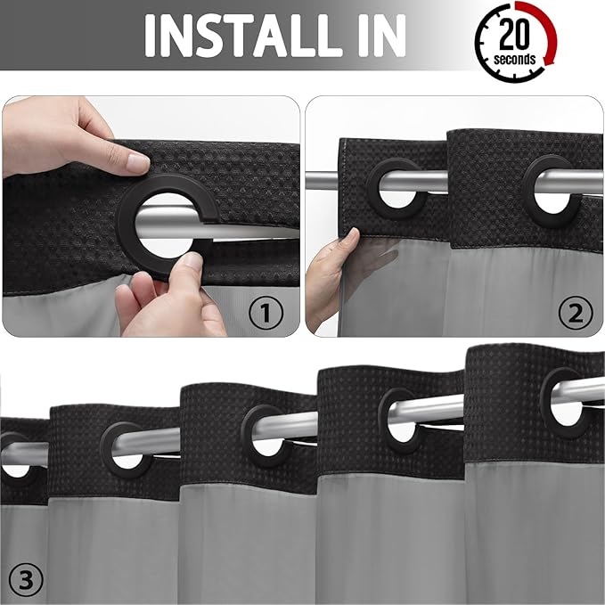YellyHommy No Hook Shower Curtain with Snap in Liner Set Less Time Black Waffle Shower Curtain for Bathroom 87" L x 72" W